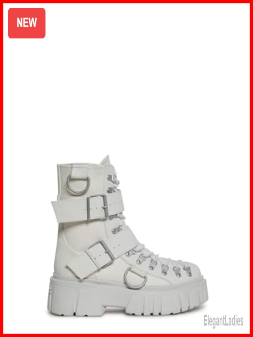 Chunky Platform Combat Boots Vegan Leather Buckle D-Ring Side Zip Mid-Calf